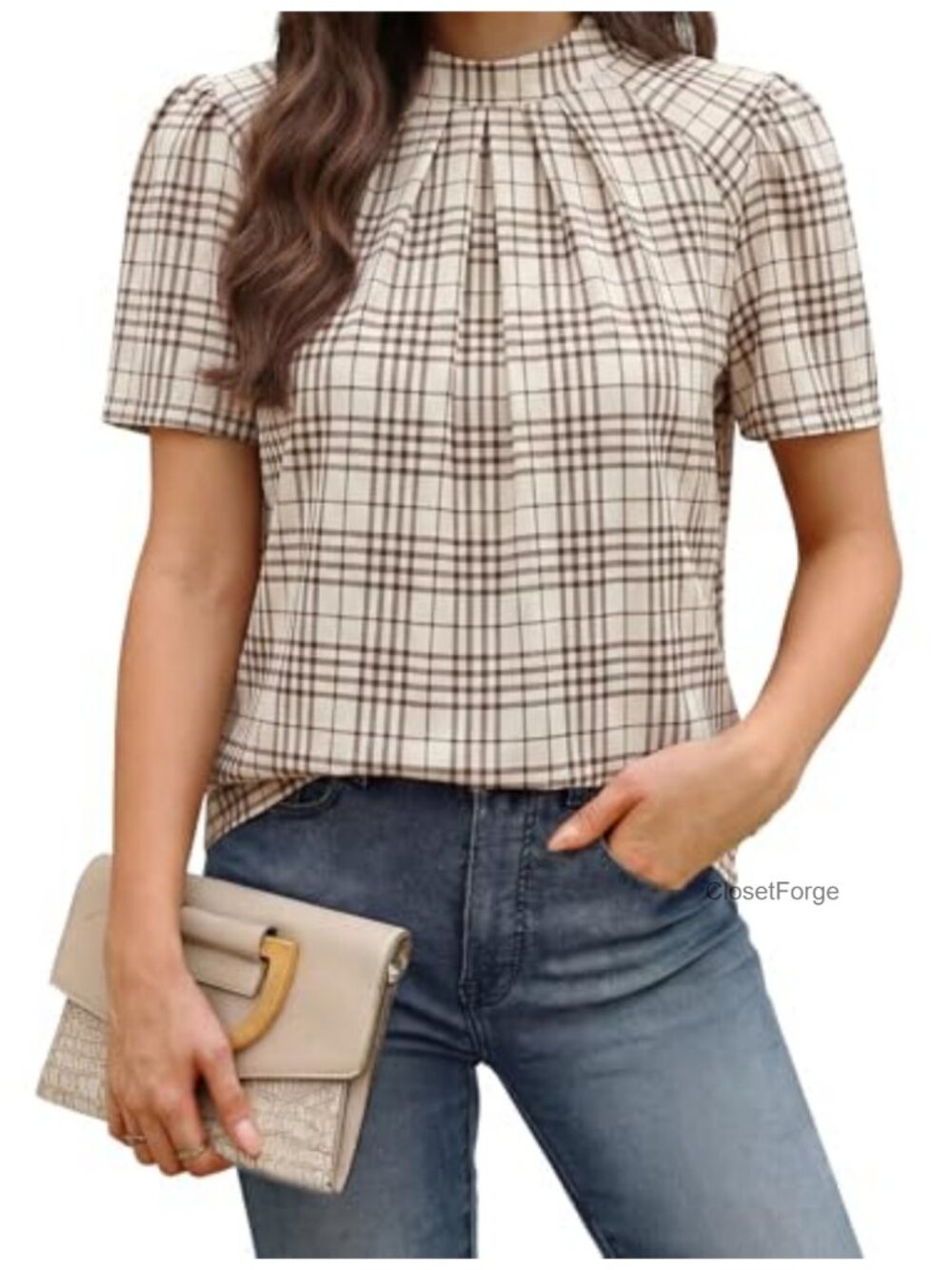 Women's Puff Sleeve Blouse Mock Neck Pleated Top Business Casual Summer Shirt
